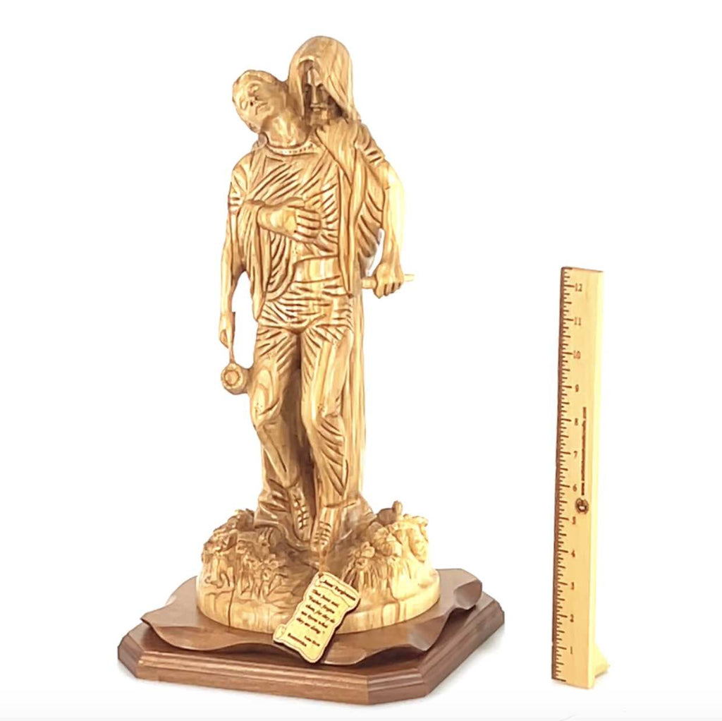 Jesus Christ statue hand carved from Bethlehem olive wood, 19.3 inch side angle of the olive wood sculpture