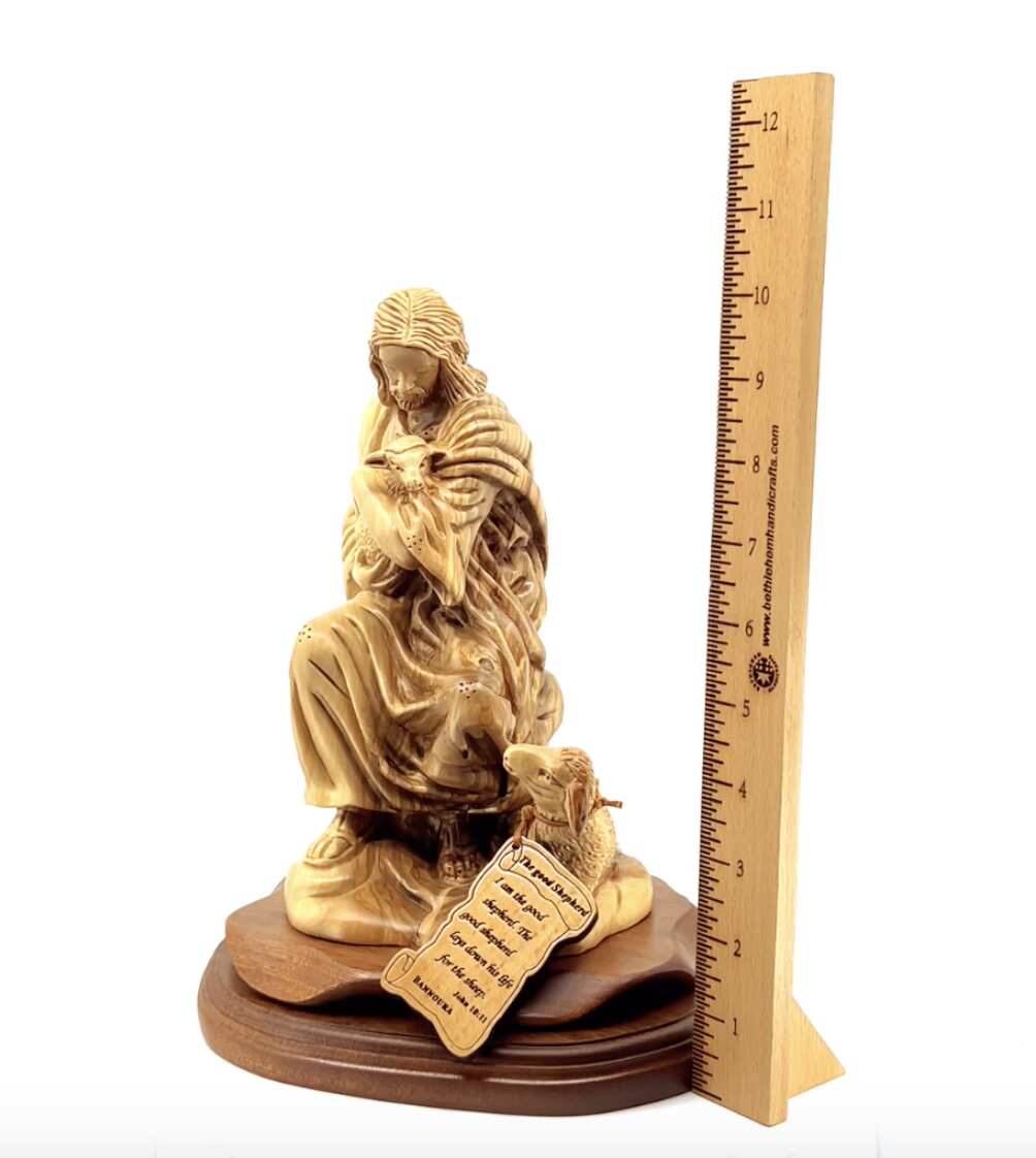 Good Shepherd statue hand carved from Bethlehem olive wood, 10.5 inch close detail of the hand carved work