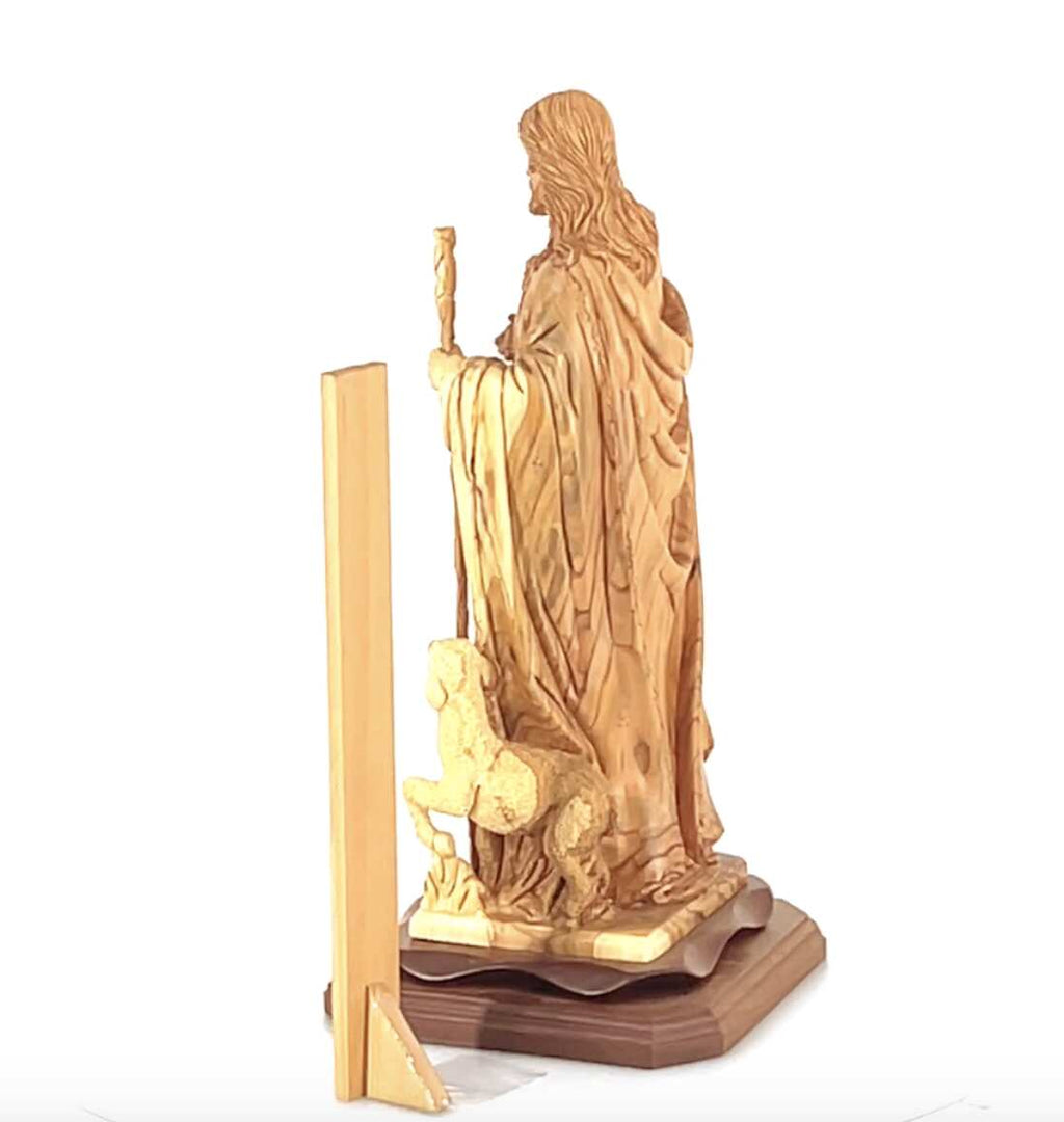 Good Shepherd statue hand carved from Bethlehem olive wood, 16.5 inch back view of the olive wood sculpture