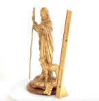 Good Shepherd statue hand carved from Bethlehem olive wood, 18.5 inch three quarter view of the religious piece