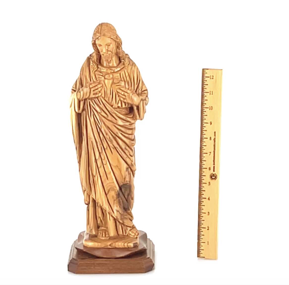 “Sacred Heart of Jesus” Sculpture, 16.1" Carved Olive Wooden Masterepiece