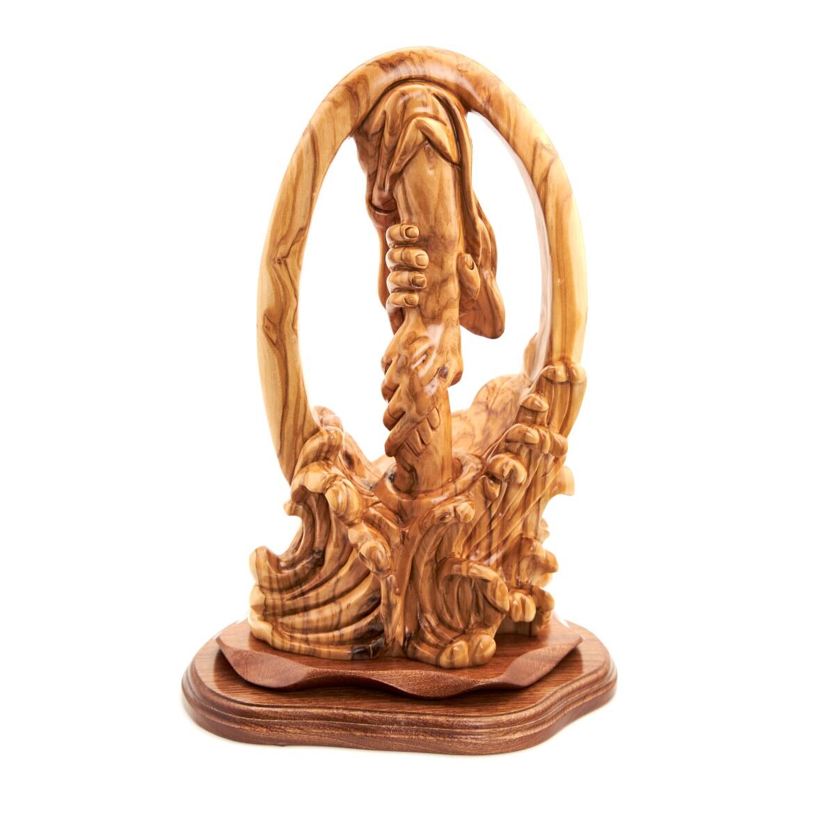 Carving of "Jesus Saving Us from Sea" ,  14" Sculpture from Holy Land Olive Wood