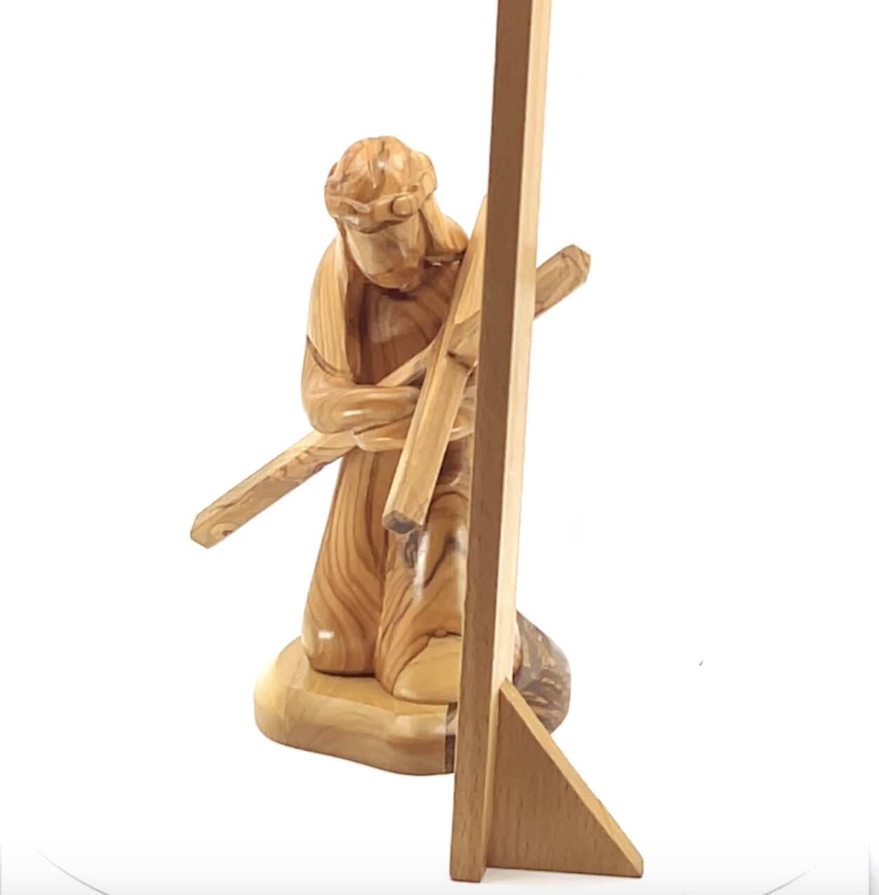 Jesus Christ Kneeling While Holding the Cross, 7.1" Wooden Abstract Carving