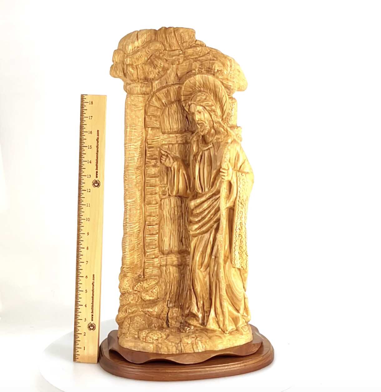 Jesus Christ "Knocking at the Door" Sculpture, 22.3" Olive Wood Carving from Holy Land