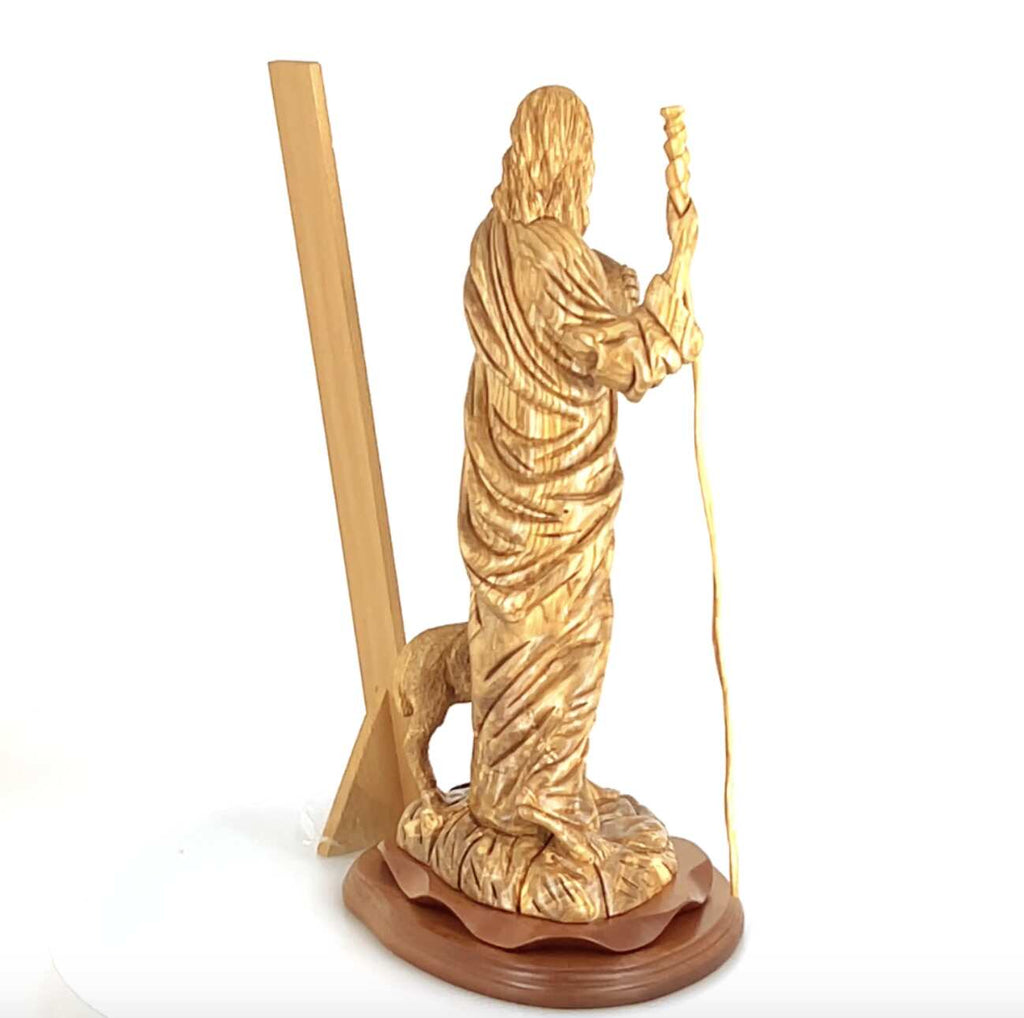 Good Shepherd statue hand carved from Bethlehem olive wood, 18.5 inch back view of the wood sculpture