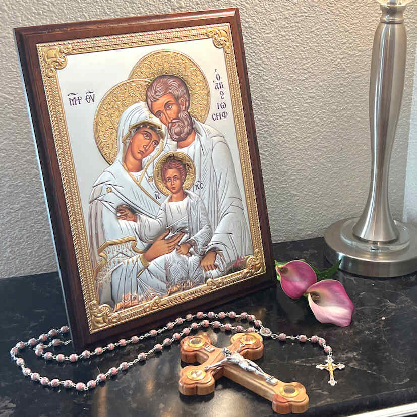Holy Family Christian icon hand made in Bethlehem, side angle of the silver sculpture