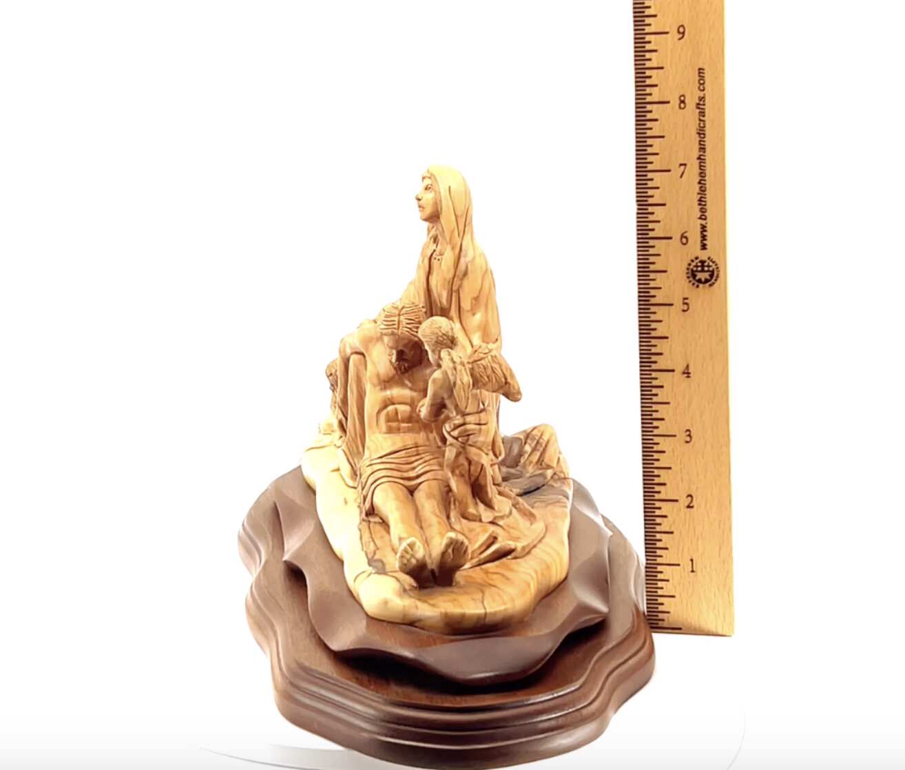 Pieta with 2 Angels, 12.2" Long Olive Wood Carving from Bethlehem, Virgin Mary with Jesus Christ