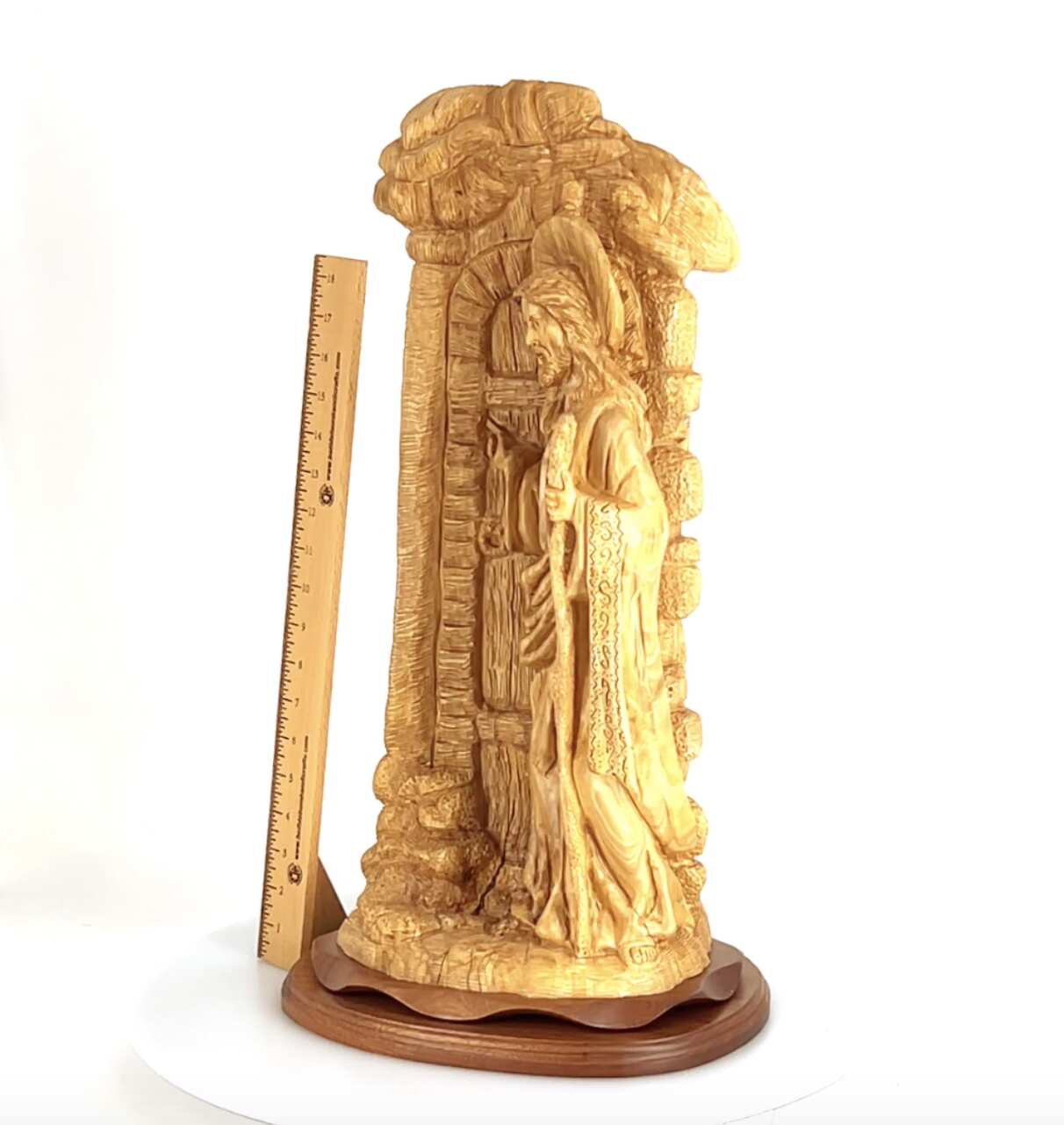 Jesus Christ "Knocking at the Door" Sculpture, 22.3" Olive Wood Carving from Holy Land