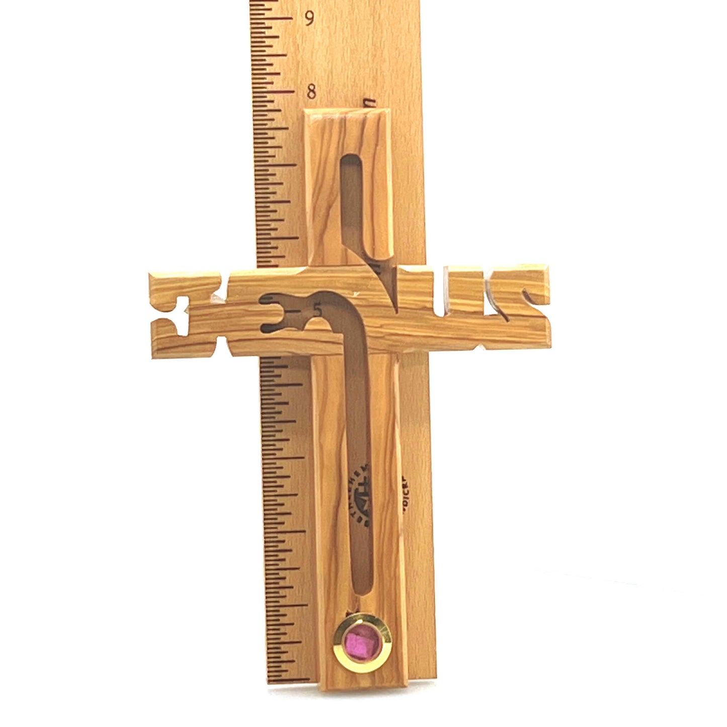Word "Jesus" Written on Cross, Hand Made Olive Wood, Holy Land Incense in Glass Capsule