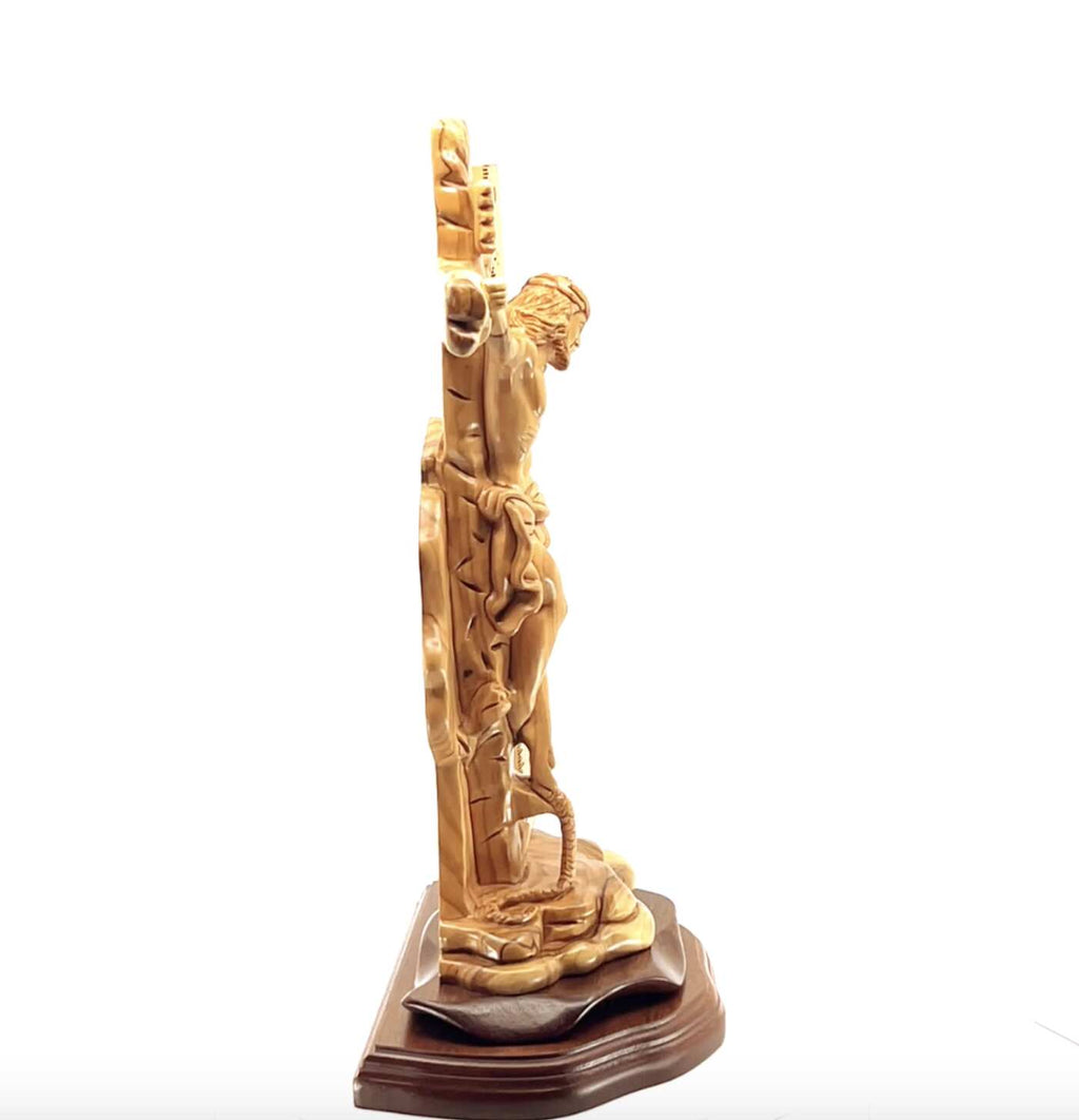 Jesus Christ olive wood wall cross from Bethlehem, 13.6 inch close detail of the hand carved work