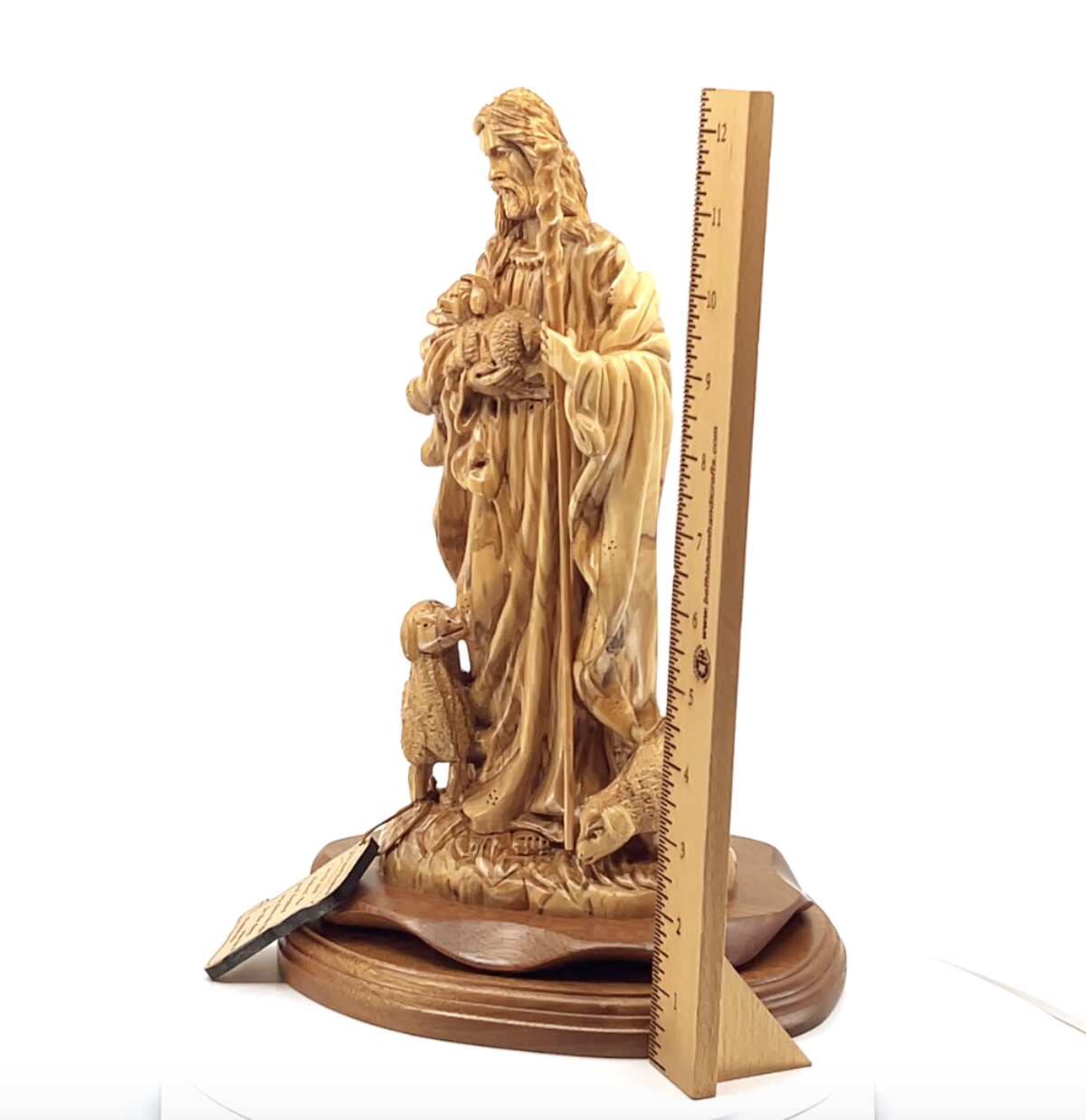 Jesus Christ "The Good Shepherd" Statue, 12.6" Carved from Holy Land Olive Wood in Bethlehem