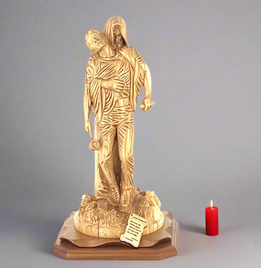 Jesus Christ statue hand carved from Bethlehem olive wood, 19.3 inch front view of the olive wood masterpiece