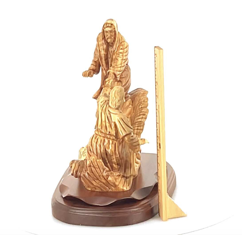 Jesus Christ statue hand carved from Bethlehem olive wood, 14.4 inch close detail of the hand carved work