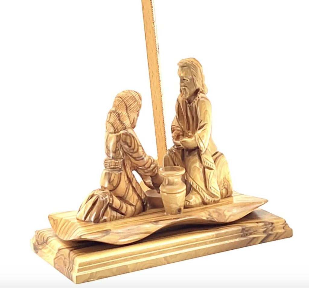 Jesus Christ statue hand carved from Bethlehem olive wood, 7.5 inch back view of the olive wood sculpture