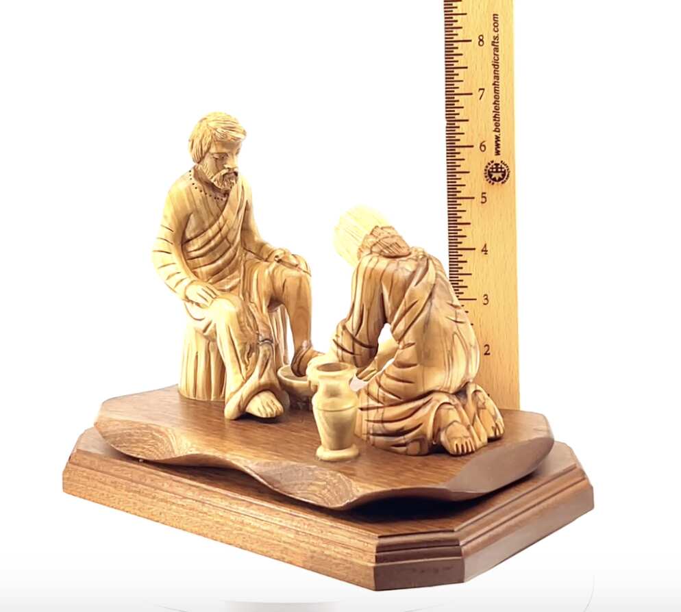 Jesus Christ statue hand carved from Bethlehem olive wood, 7.5 inch three quarter view of the religious piece