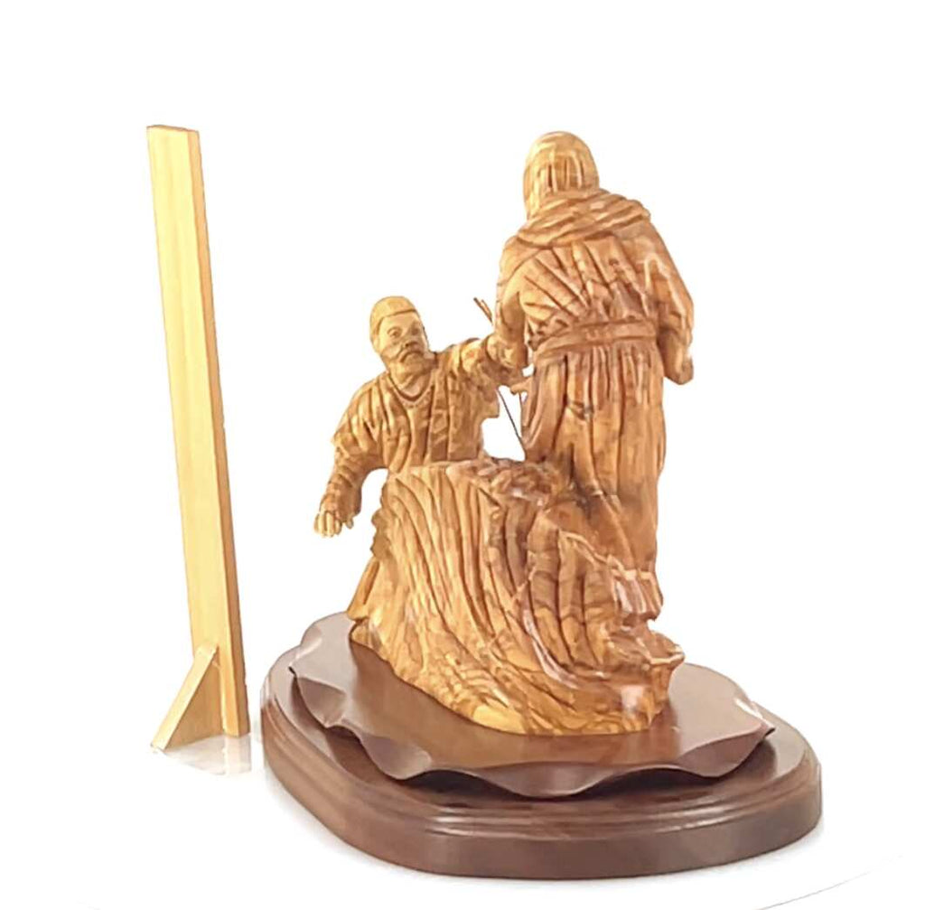 Jesus Christ statue hand carved from Bethlehem olive wood, 14.4 inch detail of the carved figure