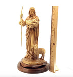 Good Shepherd statue hand carved from Bethlehem olive wood, 12.6 inch back view of the olive wood sculpture