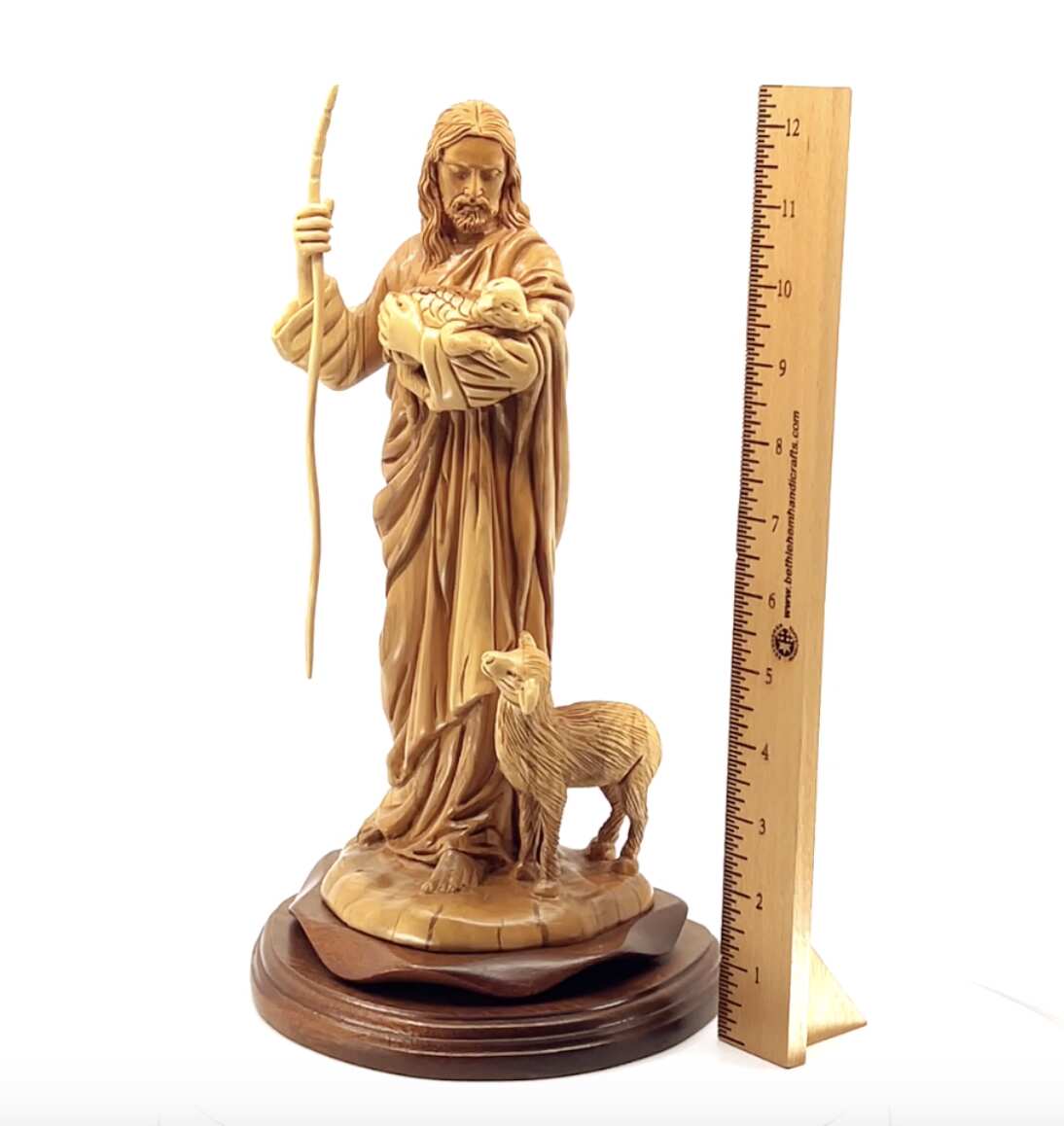 Good Shepherd statue hand carved from Bethlehem olive wood, 12.6 inch back view of the olive wood sculpture