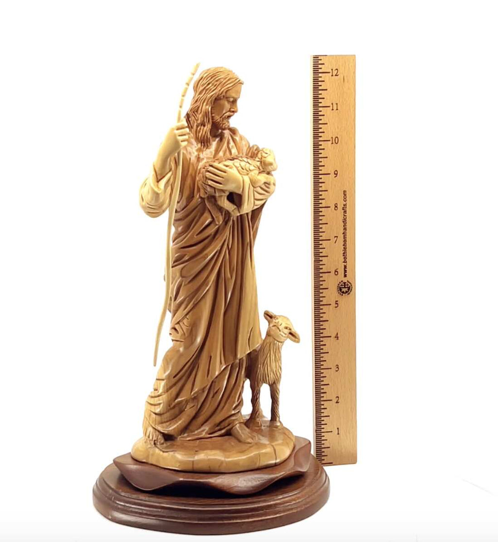Good Shepherd statue hand carved from Bethlehem olive wood, 12.6 inch detail of the carved figure