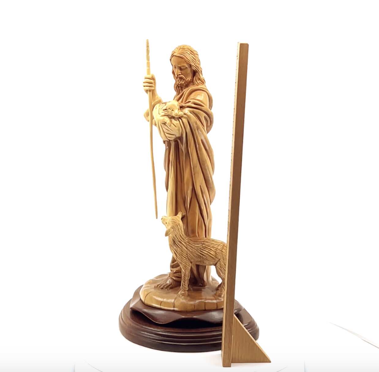 Good Shepherd statue hand carved from Bethlehem olive wood, 12.6 inch close detail of the hand carved work