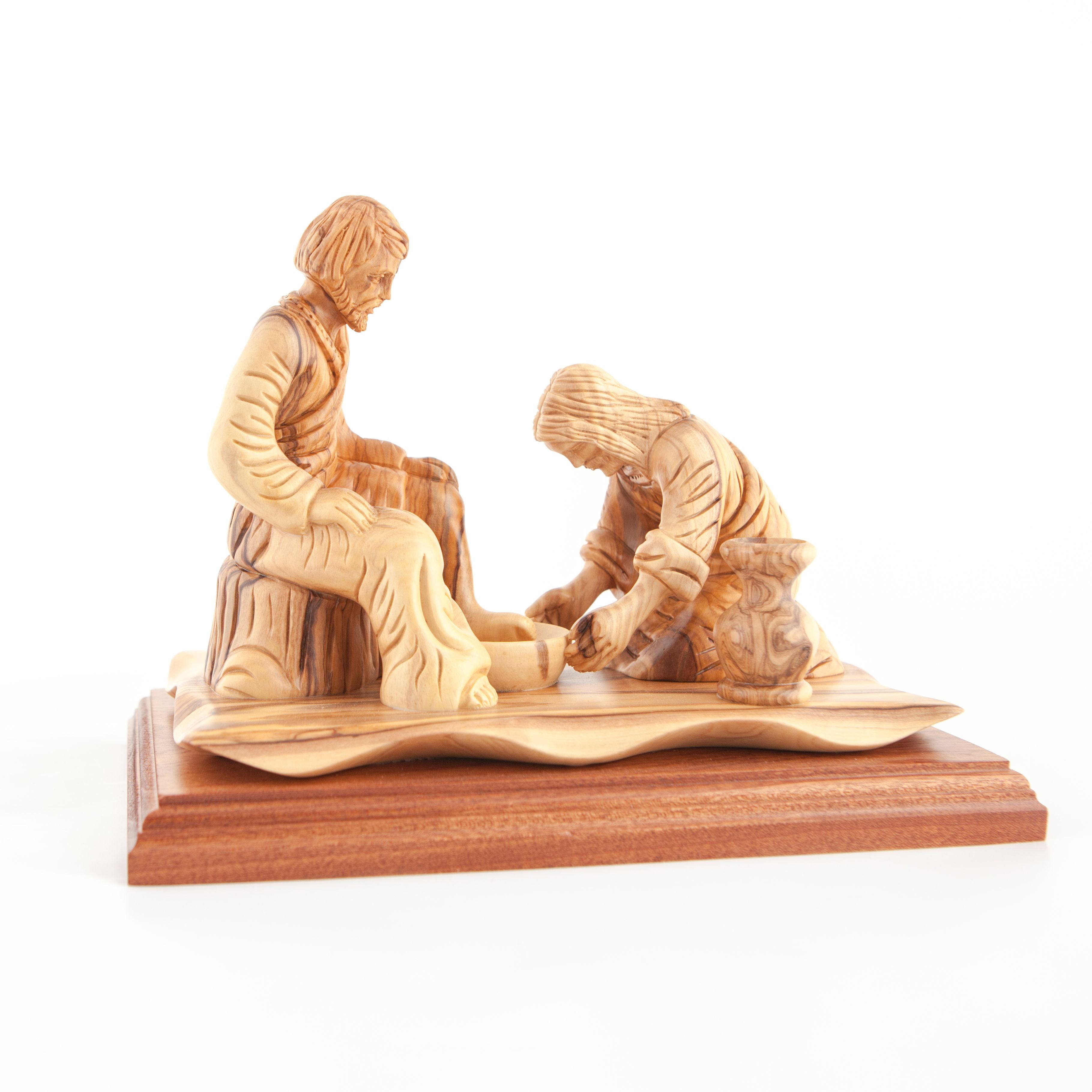 Jesus Christ statue hand carved from Bethlehem olive wood, 7.5 inch opposite side angle of the religious sculpture