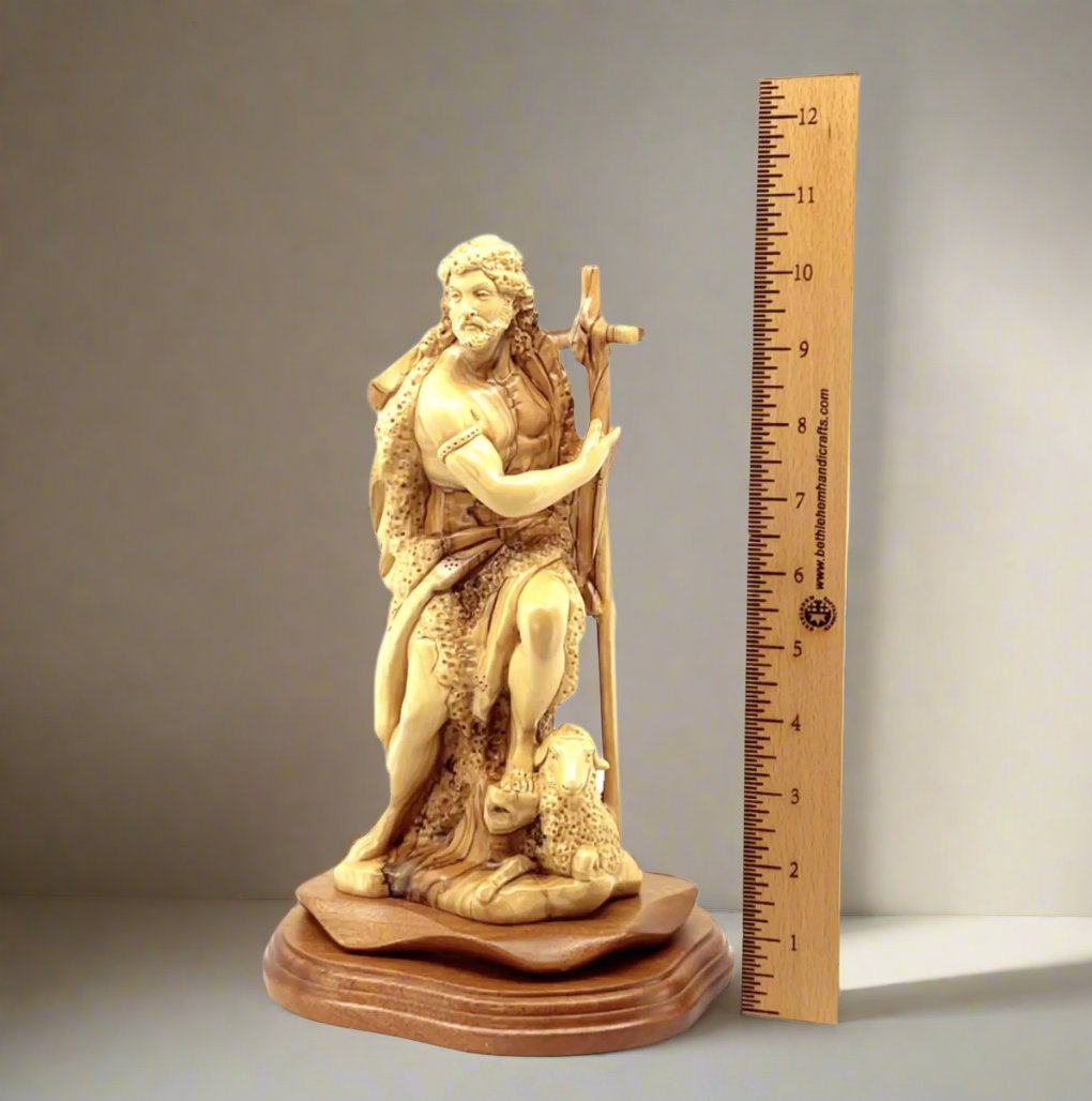 Saint John the Baptist Statue, 11" Carved Olive Wood from Holy Land