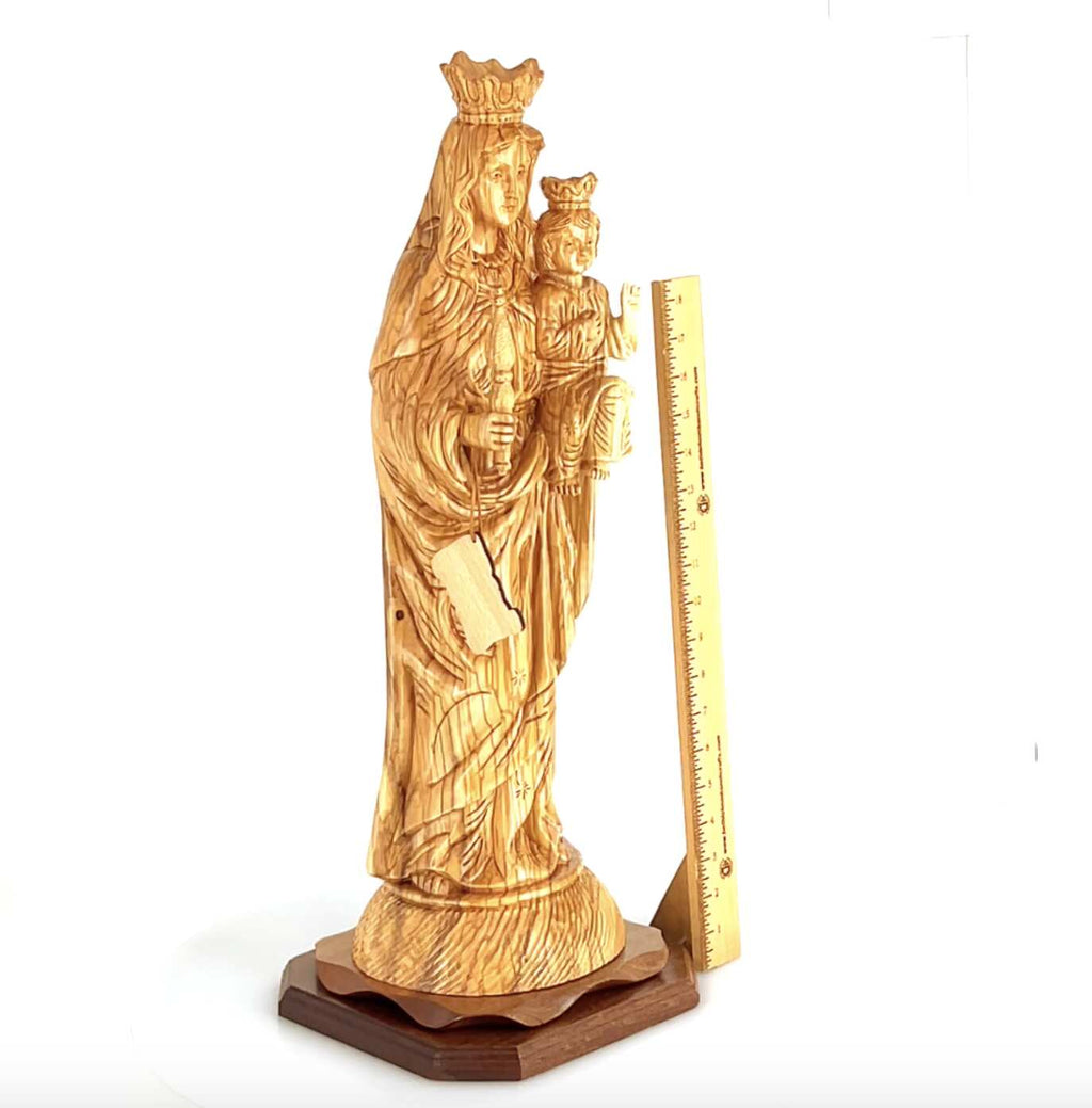 Our Lady of Mount Carmel olive wood statue from Bethlehem hand carved, 17.3 inch three quarter view of the religious piece