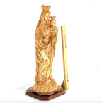 Our Lady of Mount Carmel olive wood statue from Bethlehem hand carved, 17.3 inch three quarter view of the religious piece
