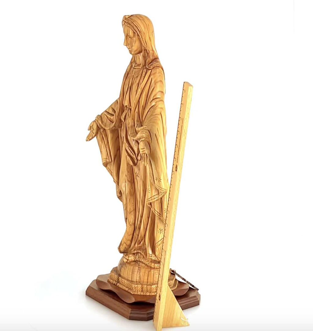 Our Lady olive wood statue from Bethlehem hand carved, 22.8 inch three quarter view of the religious piece