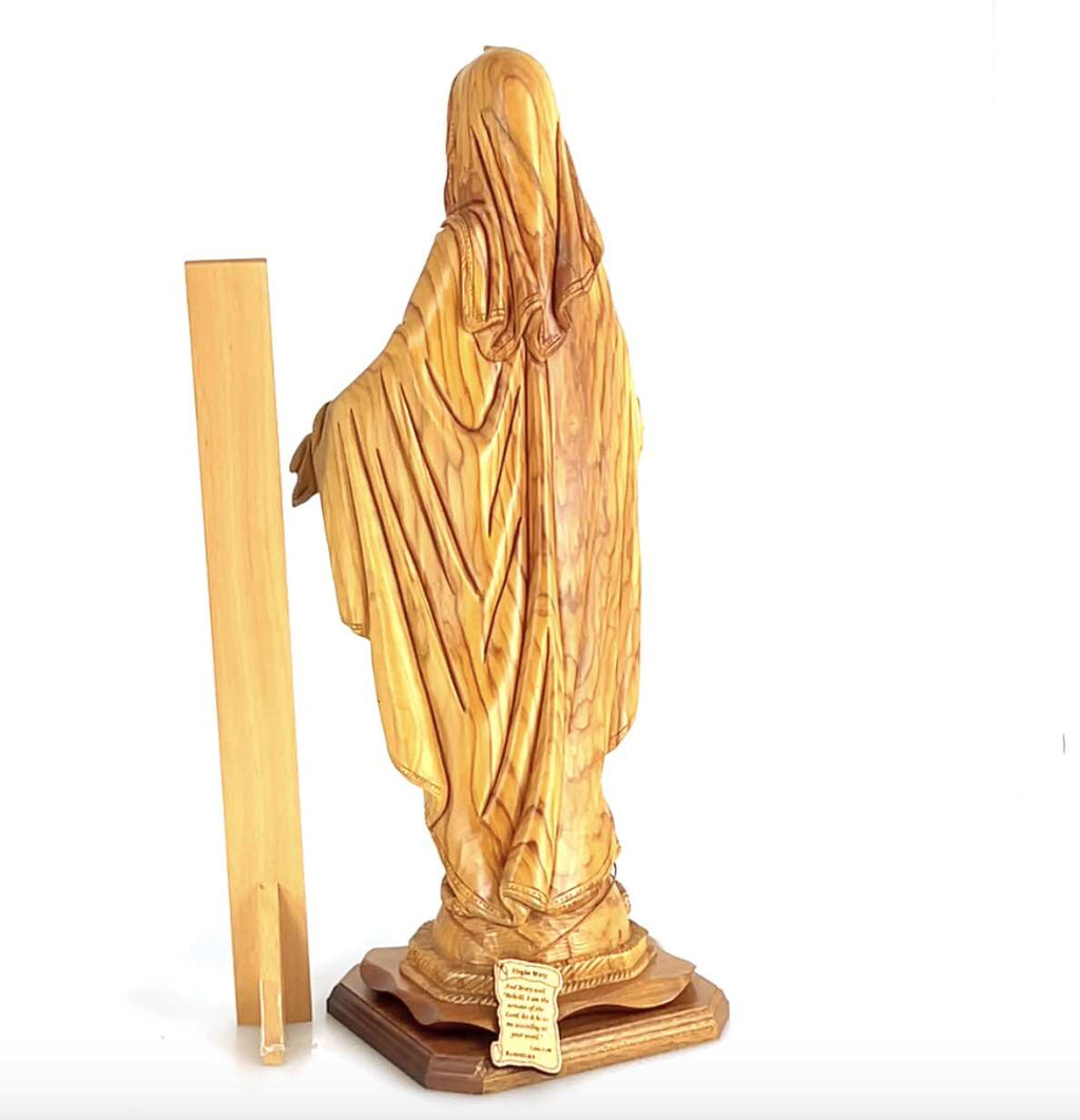 Our Lady olive wood statue from Bethlehem hand carved, 22.8 inch detail of the carved figure