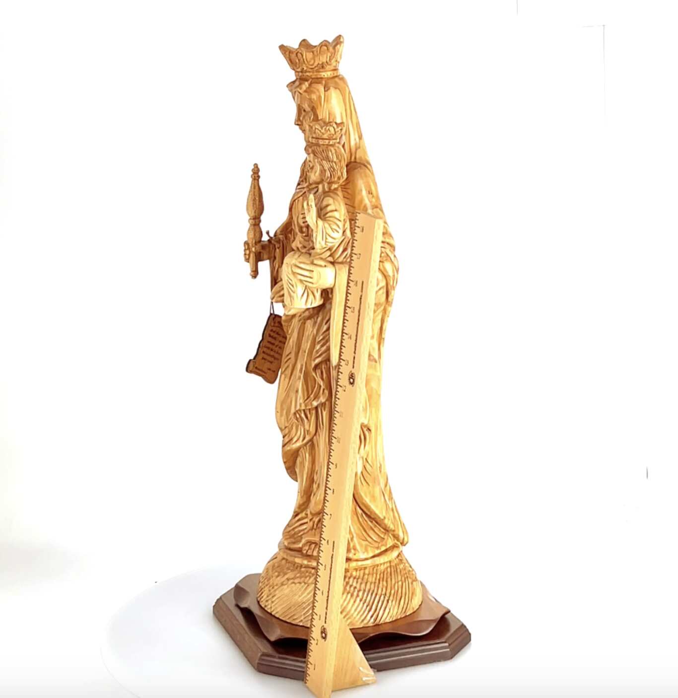 Our Lady of Mount Carmel olive wood statue from Bethlehem hand carved, 17.3 inch detail of the carved figure