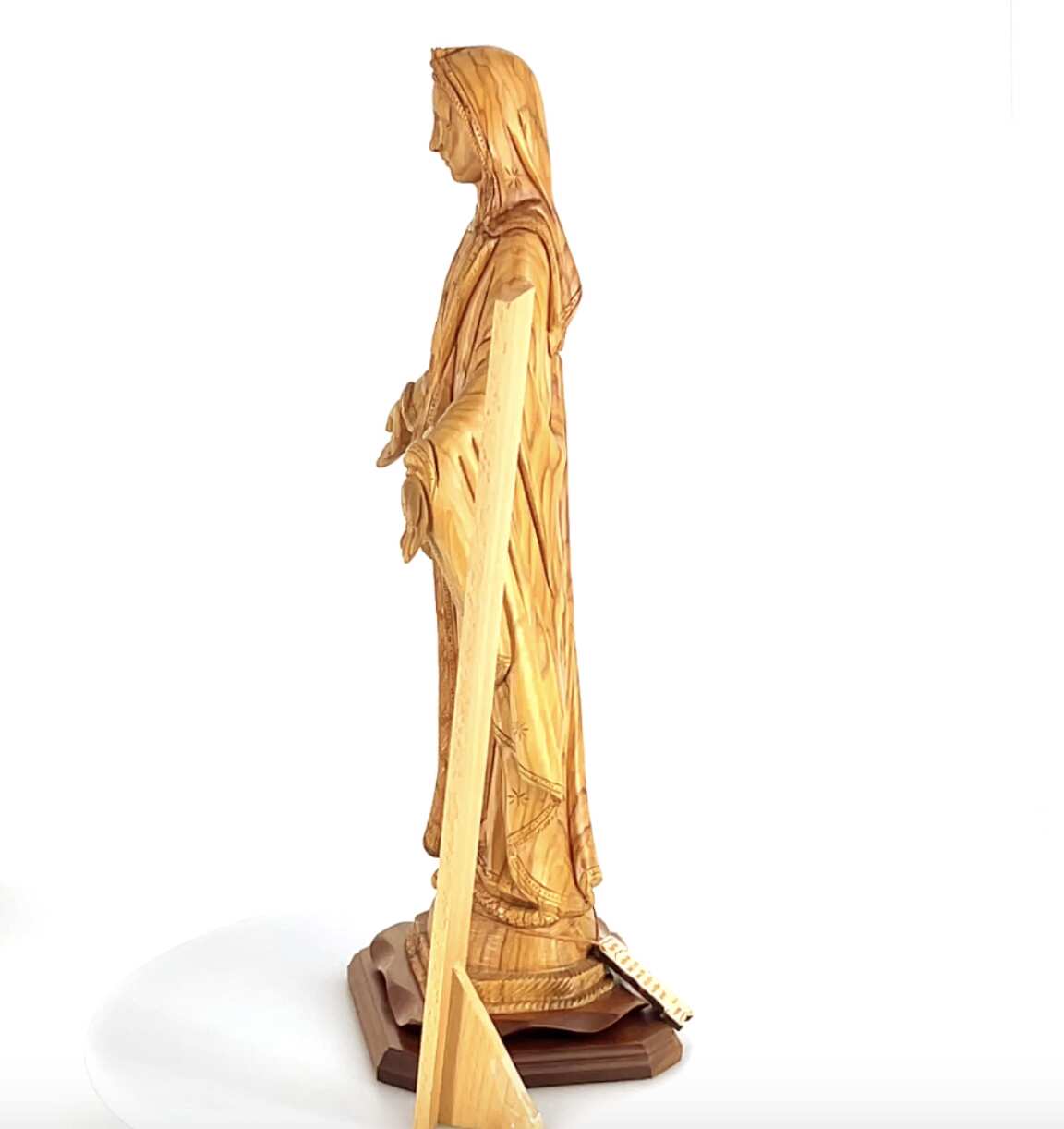 Our Lady olive wood statue from Bethlehem hand carved, 22.8 inch back view of the olive wood sculpture