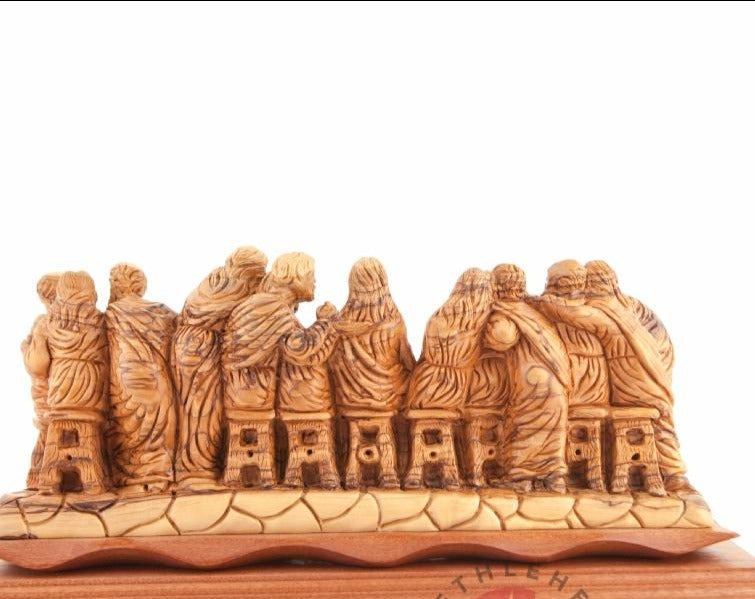 Last Supper Carved Master Piece of Jesus Christ with His Disciples Sharing His Last Passover Meal, Large Dark Brown Mahogany Base, Christian Easter Decor Inspired from the Bible