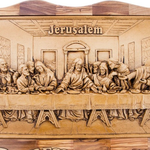 Last Supper olive wood statue hand carved in Bethlehem, 17.7 inch side angle of the olive wood sculpture