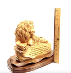 Lion with Lamb and Scripture of Corinthians, 13.8" Masterpiece Wooden Christian Carving