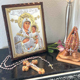 Virgen María Jesucristo Belén Icono de Plata Marco de Madera