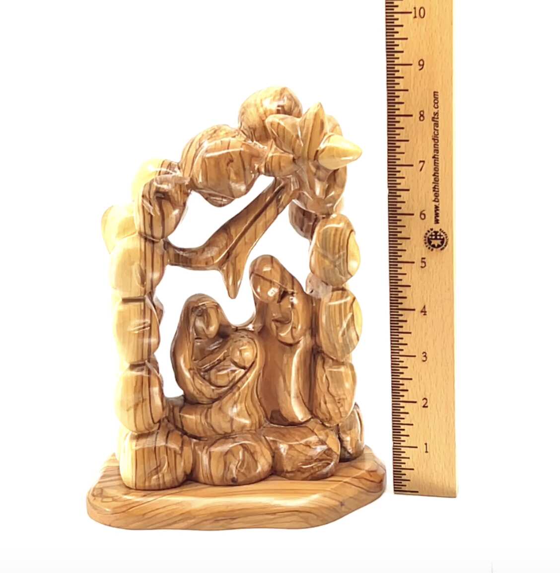 Olive wood nativity scene hand carved in Bethlehem, 8.7 inch side angle of the olive wood sculpture