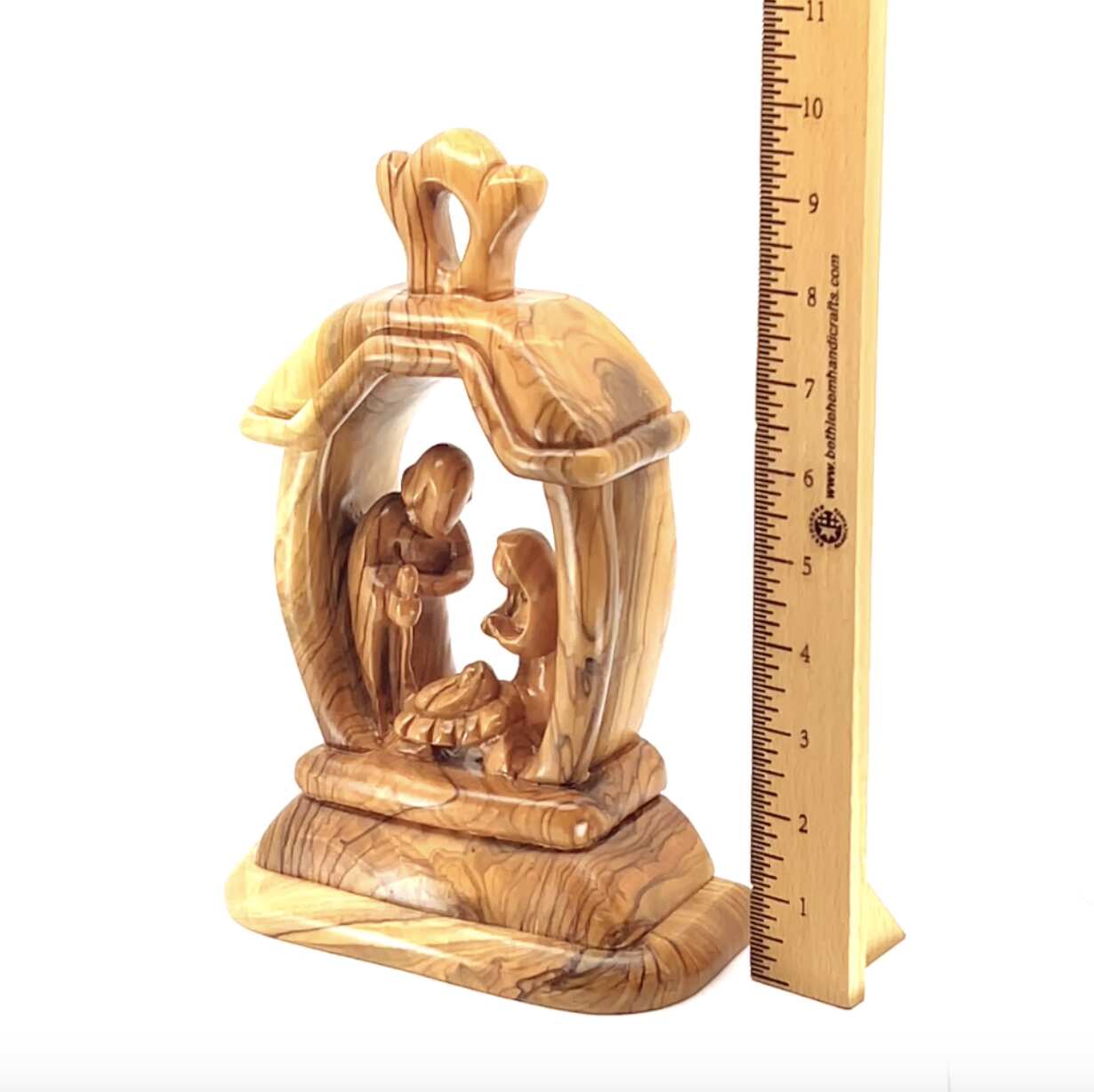 Nativity Scene with The Holy Family, 9.4" Olive Wood Carving from Holy Land, Abstract Christmas Standing Ornament