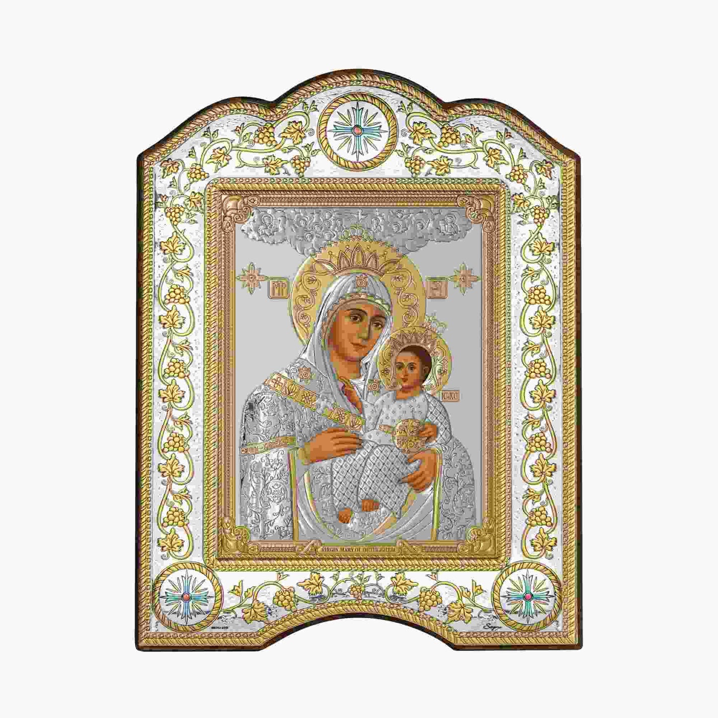 Virgin Mary Silver Plated Icon with Silver Frame Bethlehem, 11"