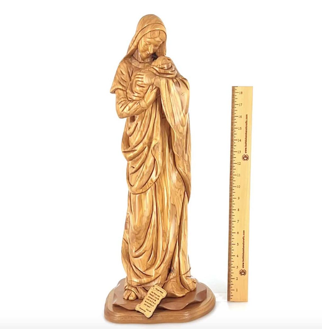 Virgin Mary olive wood statue from Bethlehem hand carved, 24.8 inch side angle of the olive wood sculpture