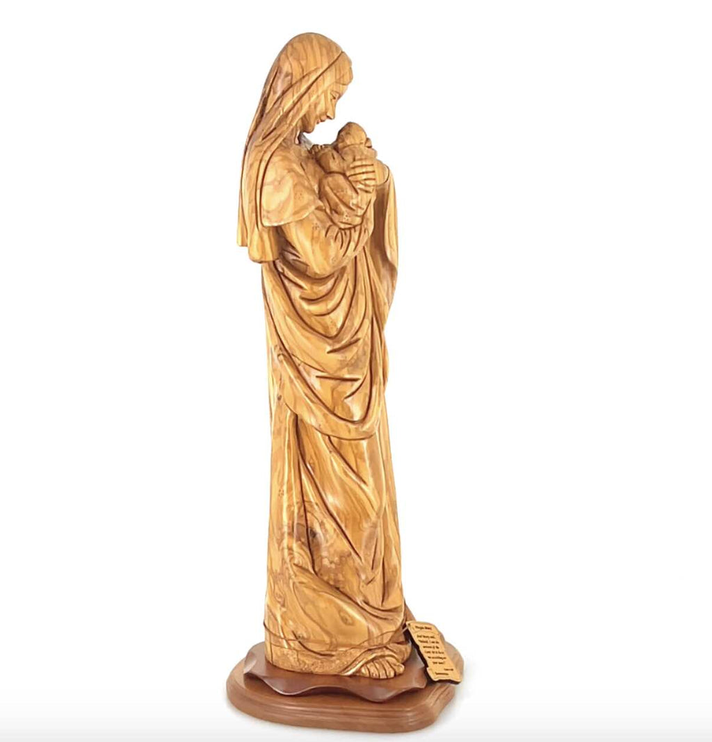 Virgin Mary olive wood statue from Bethlehem hand carved, 24.8 inch detail of the carved figure