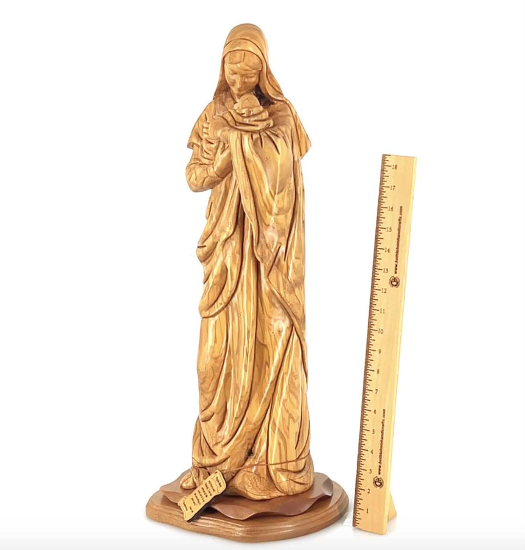 Virgin Mary olive wood statue from Bethlehem hand carved, 24.8 inch three quarter view of the religious piece