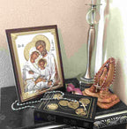 Holy Family Christian icon hand made in Bethlehem, three quarter view of the religious piece