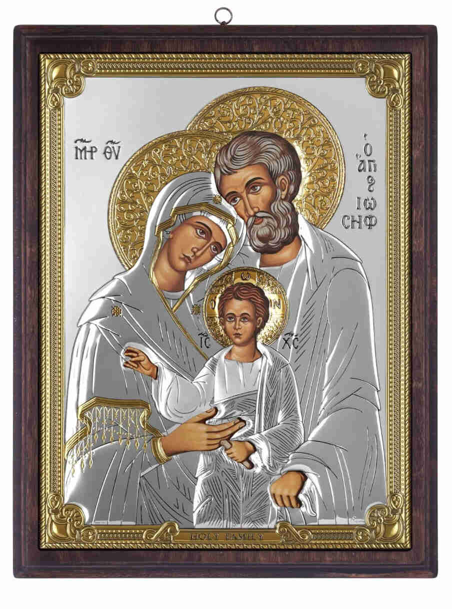 Holy Family Christian icon hand made in Bethlehem, close detail of the hand carved work