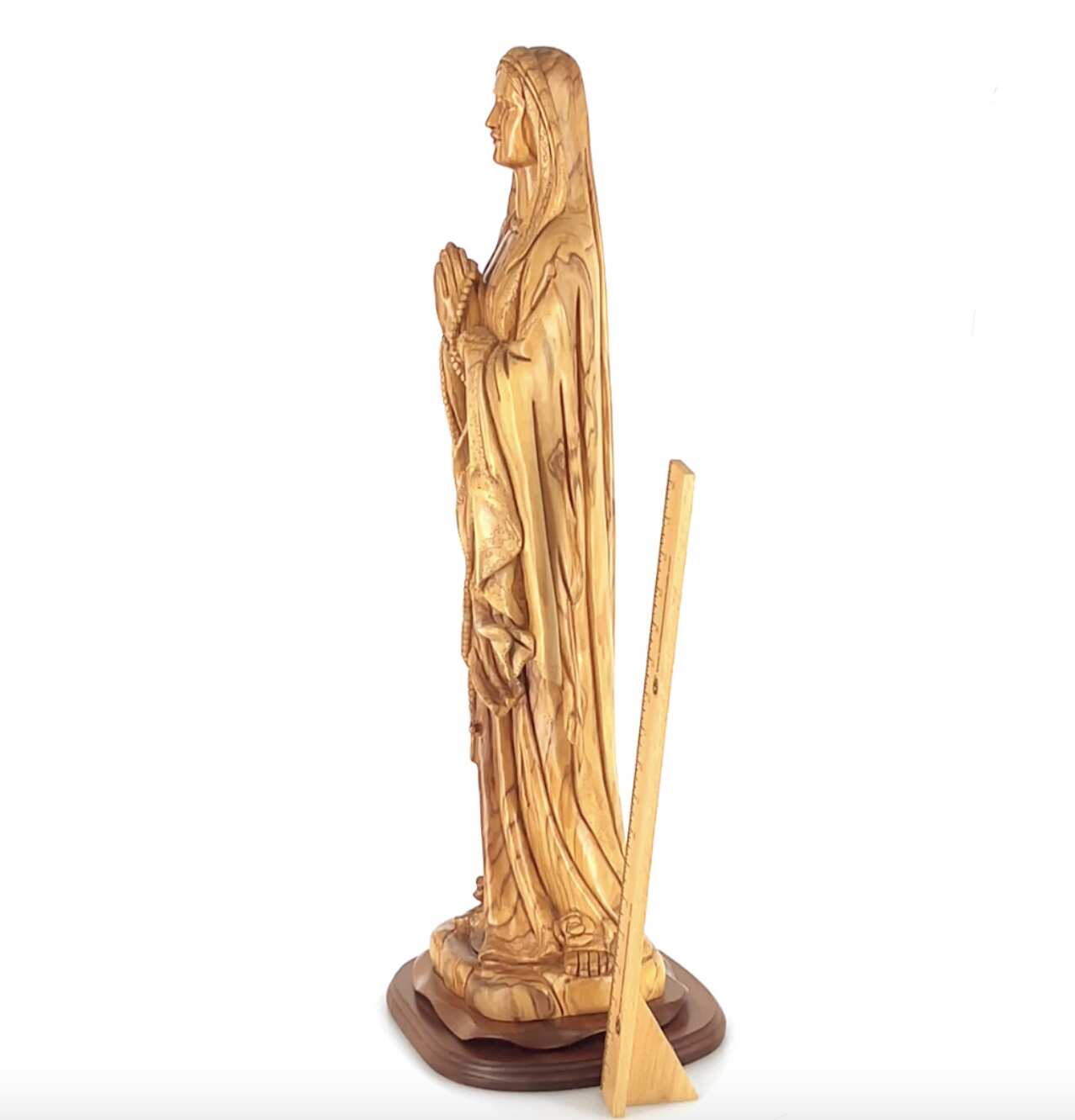 Praying Virgin Mary with a Rosary, 30" Masterpiece Olive Wood Carved Sculpture Catholic Church Art from Holy Land
