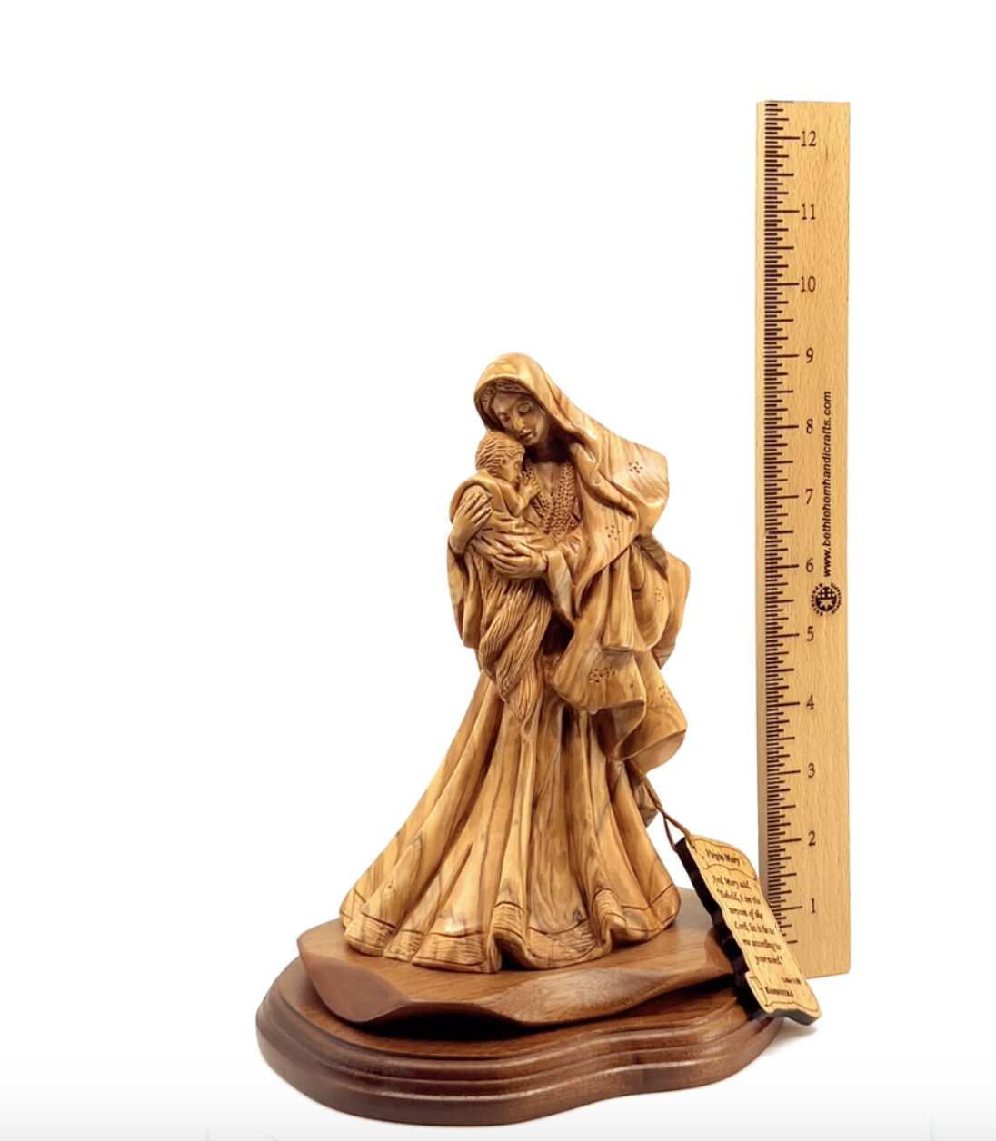 Virgin Mary olive wood statue from Bethlehem hand carved, 10 inch close detail of the hand carved work