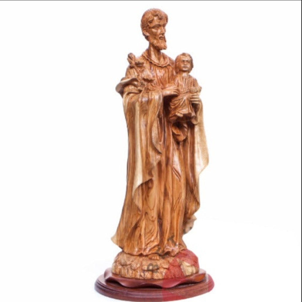 Large Saint Joesph Masterpiece Sculpture with the Holy Child Jesus Christ Standing on Mahogany Base 