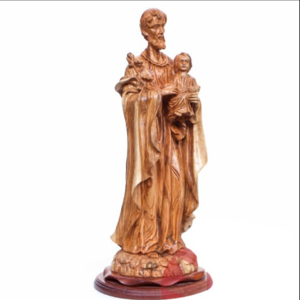 Jesus Christ statue hand carved from Bethlehem olive wood, 25.6 inch top angle showing detail of the craftsmanship