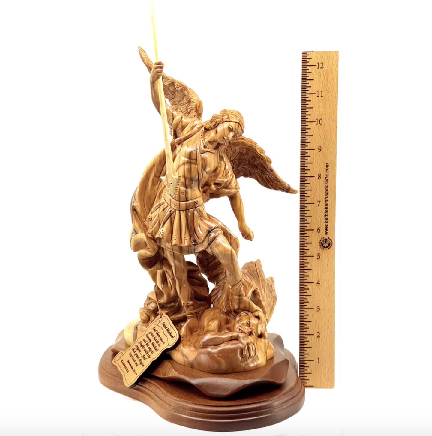 Archangel Michael with Wings, 12.5" Wooden Carved Statue from Holy Land