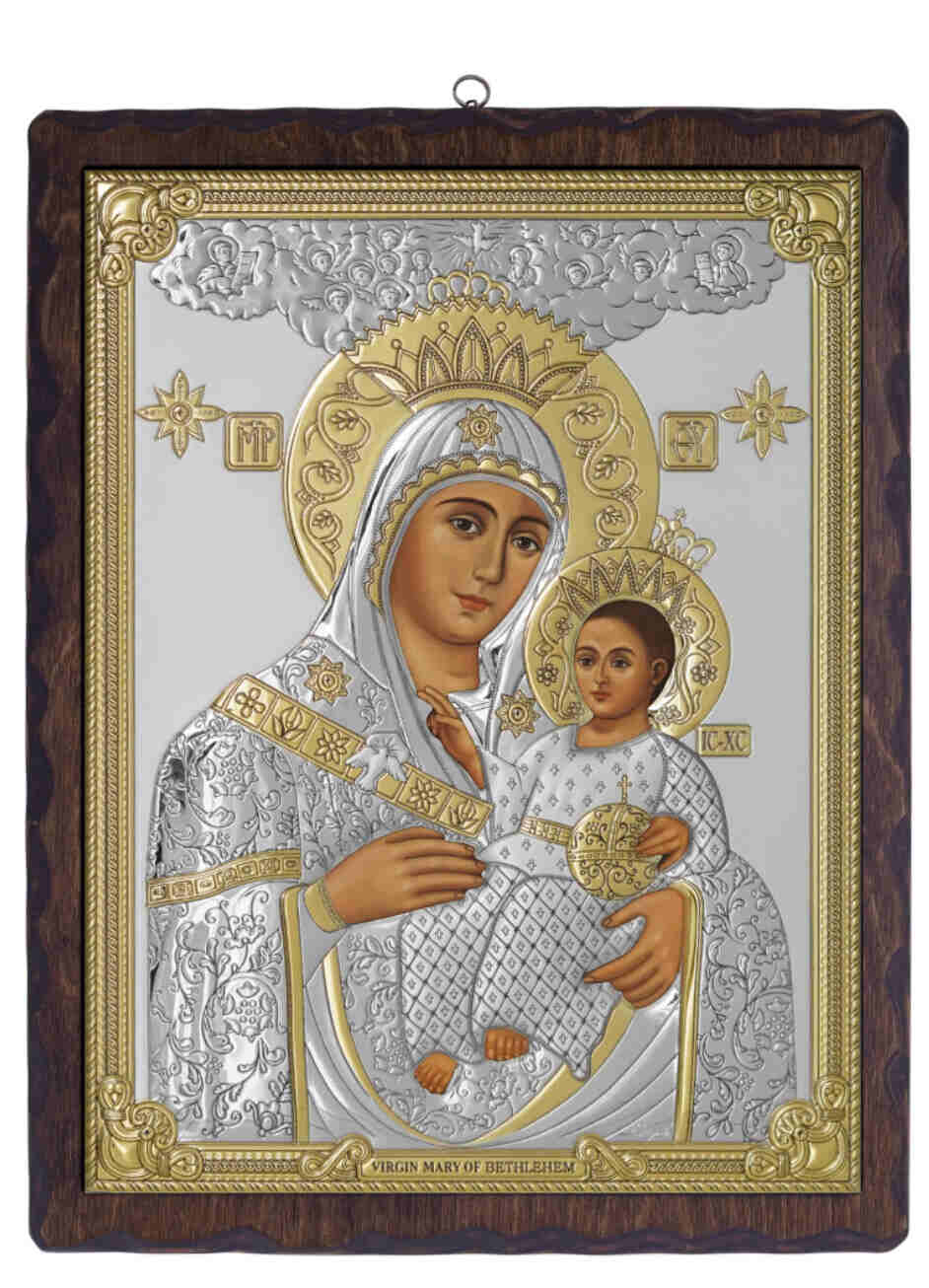 Virgin Mary with Child Jesus Christ , Smiling Bethlehem Silver Icon with Wooden Frame
